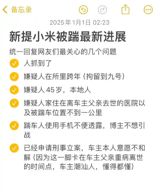 小米SU7哨兵模式大显神威！停路边遭蹬踢，踢车男子跨年被送拘留所