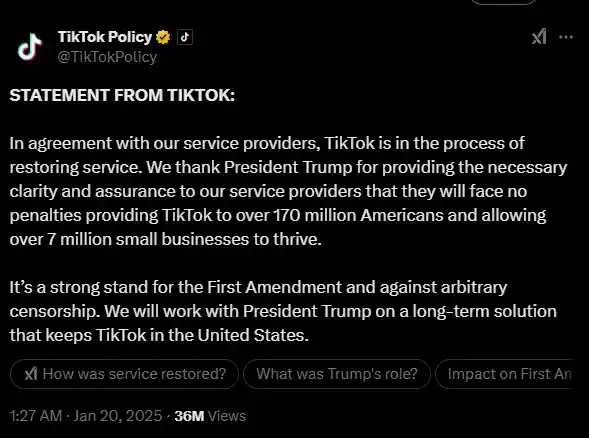 TikTok官方宣布：全面恢复美国用户服务！
