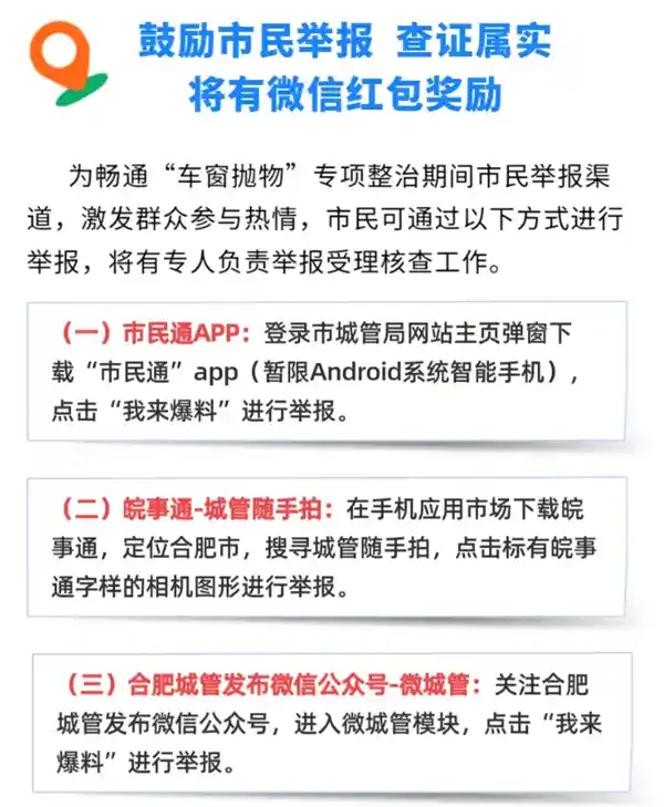 合肥推出车窗抛物举报新规，每条线索最高奖50元微信红包