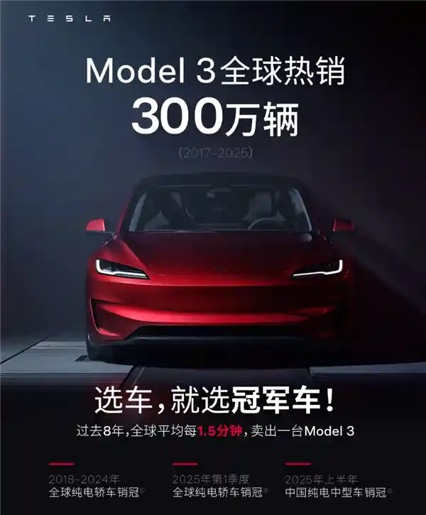特斯拉Model 3：连续7年登顶全球纯电轿车销量王，300万辆传奇诞生